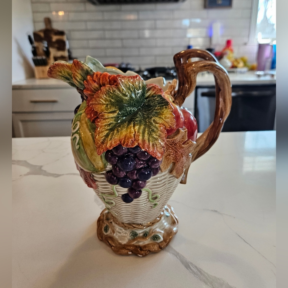Vintage Fitz And Floyd Harvest Fall Ceramic Pumpkin Grapes Leaf Pitcher 1997